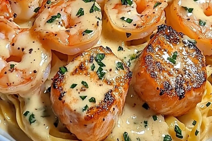Salmon &amp; Shrimp Alfredo – A Creamy Seafood Lover’s Dream!