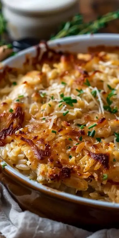 French Onion Chicken Orzo Casserole