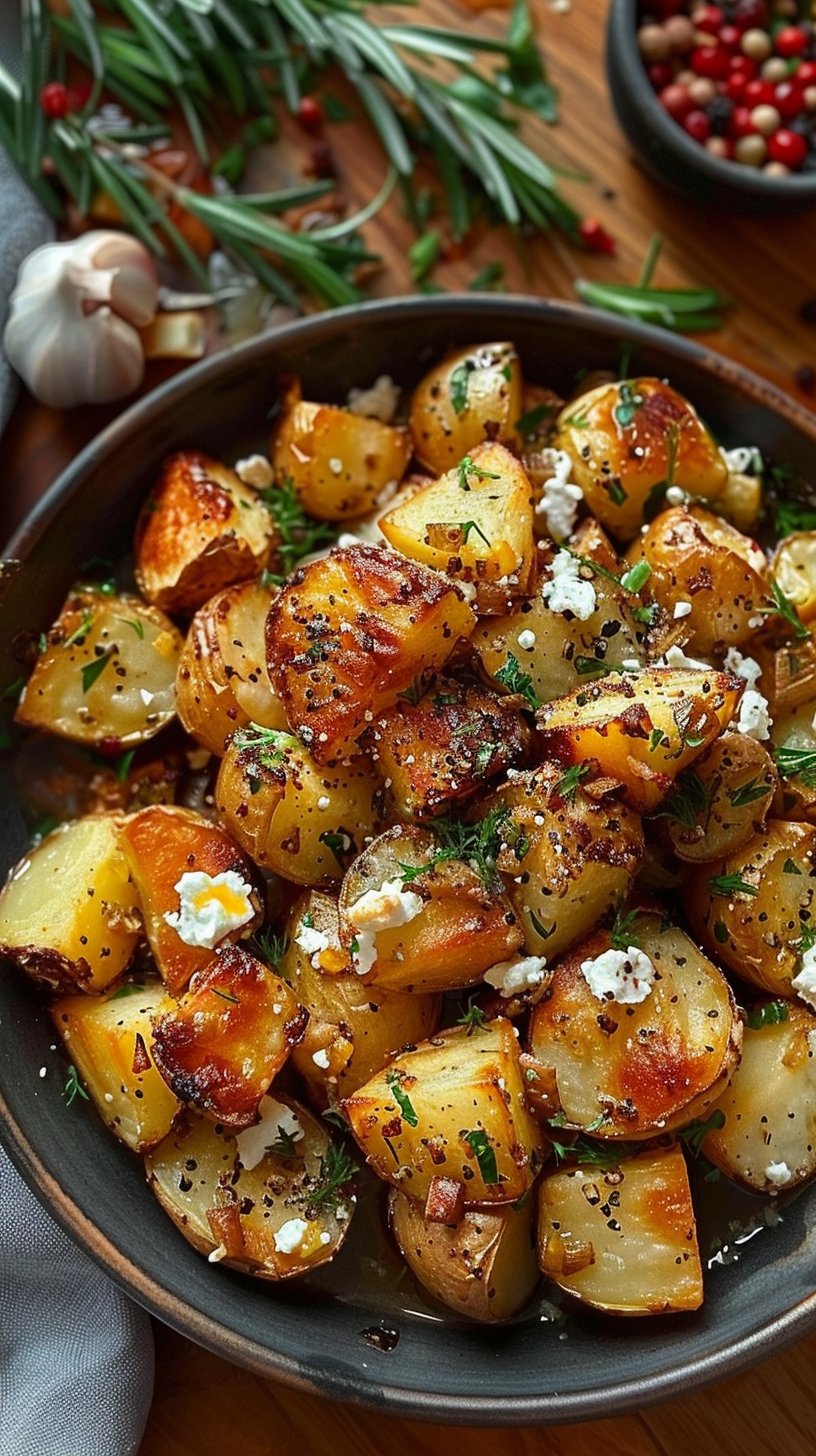 Roasted Potatoes with Baked Feta and Garlic