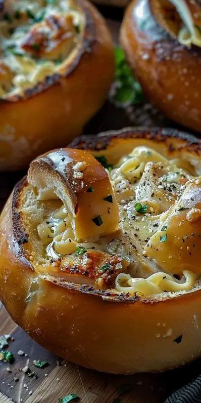 Chicken Alfredo Garlic Bread Bowls