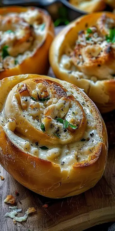 Chicken Alfredo Garlic Bread Bowls