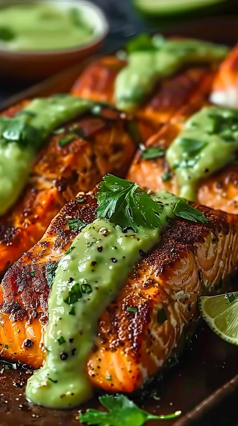 Baked Cajun Salmon with Avocado Lime Sauce
