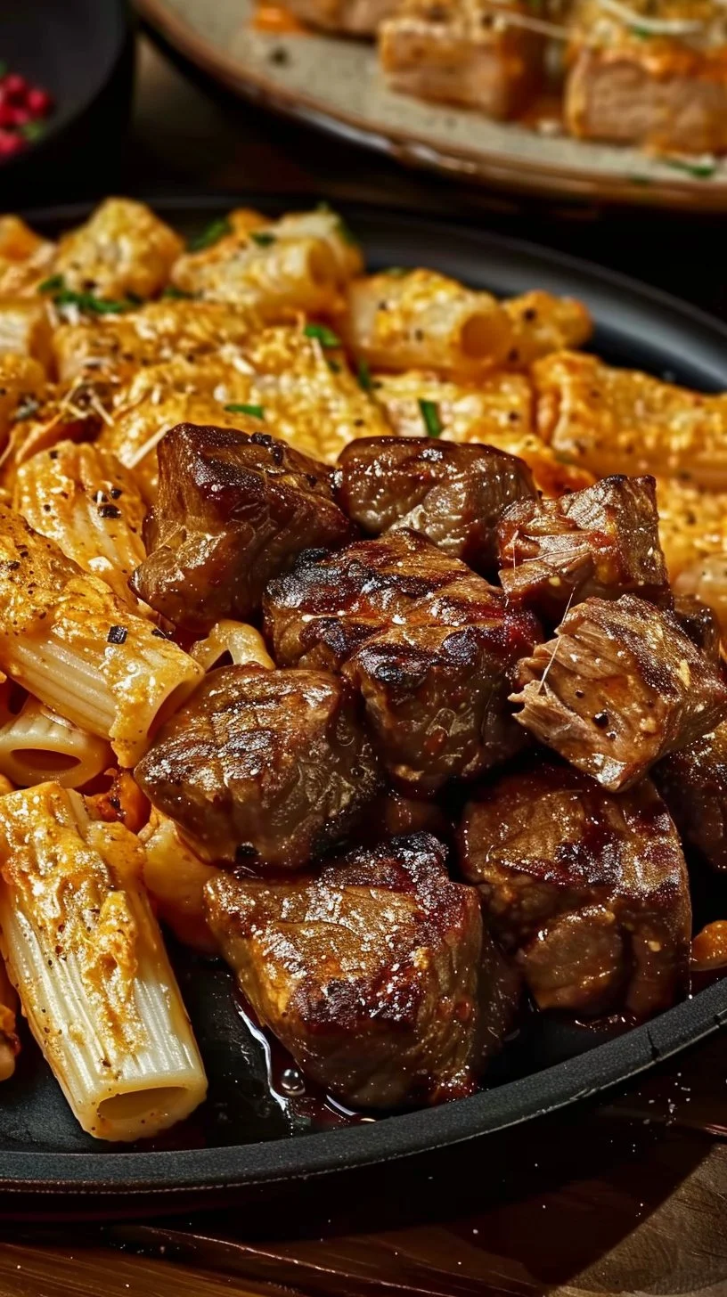 Cajun Steak Tips with Cheesy Rigatoni