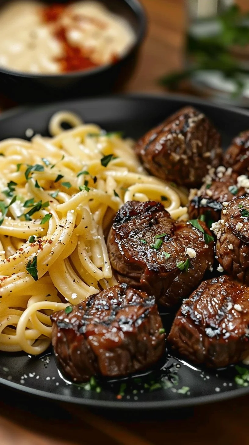 Garlic Butter Steak Bites with Creamy Parmesan Pasta