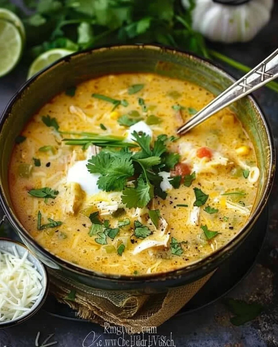 Green Chicken Enchilada Soup - Creamy and Cheesy!