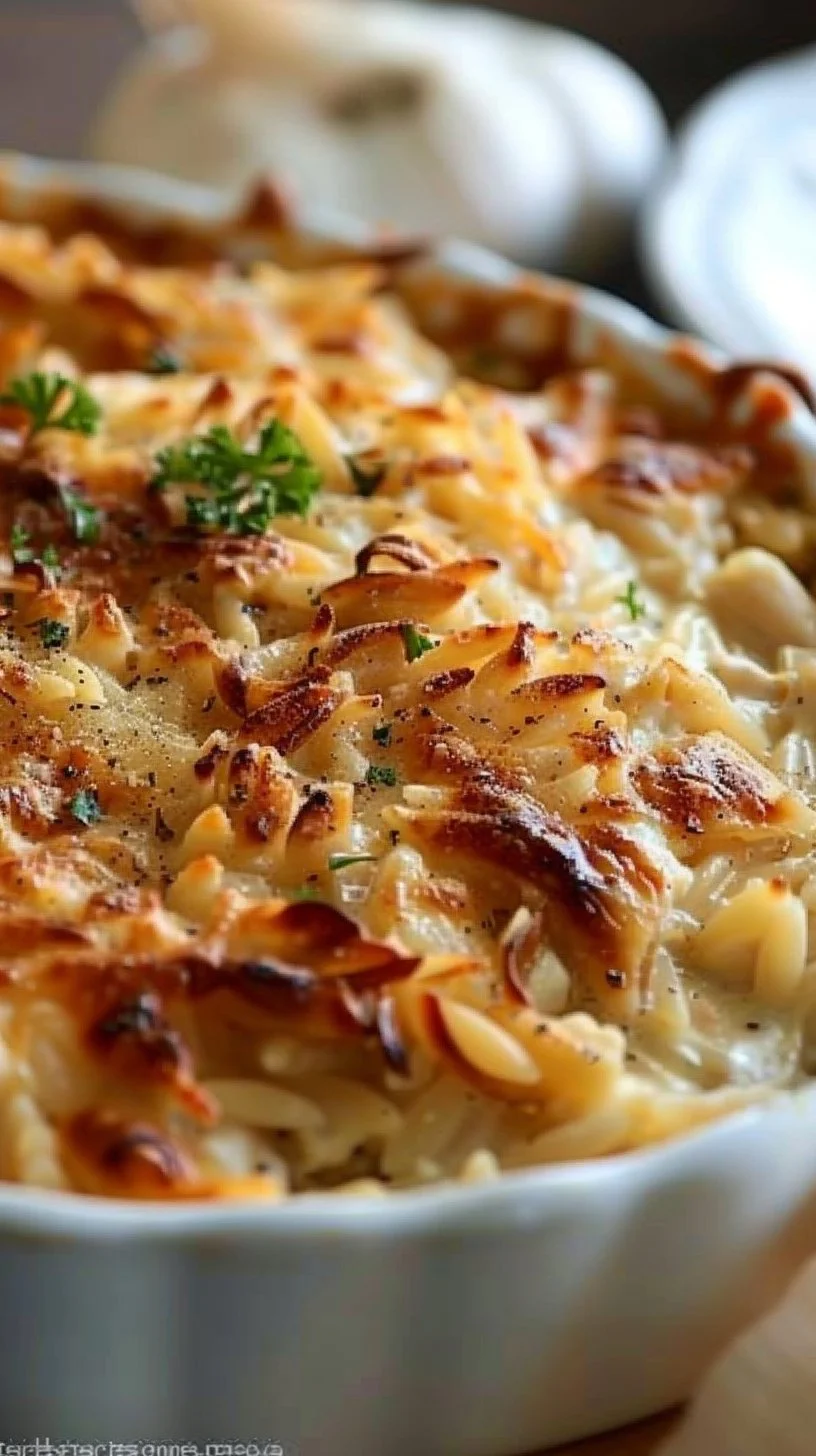 French Onion Chicken Orzo Casserole