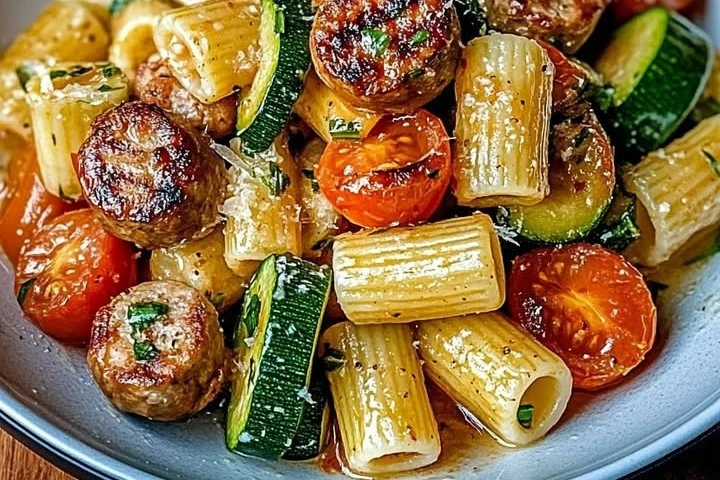 Chicken Sausages with Zucchini & Pasta – Healthy & Delicious! 🍅🍝