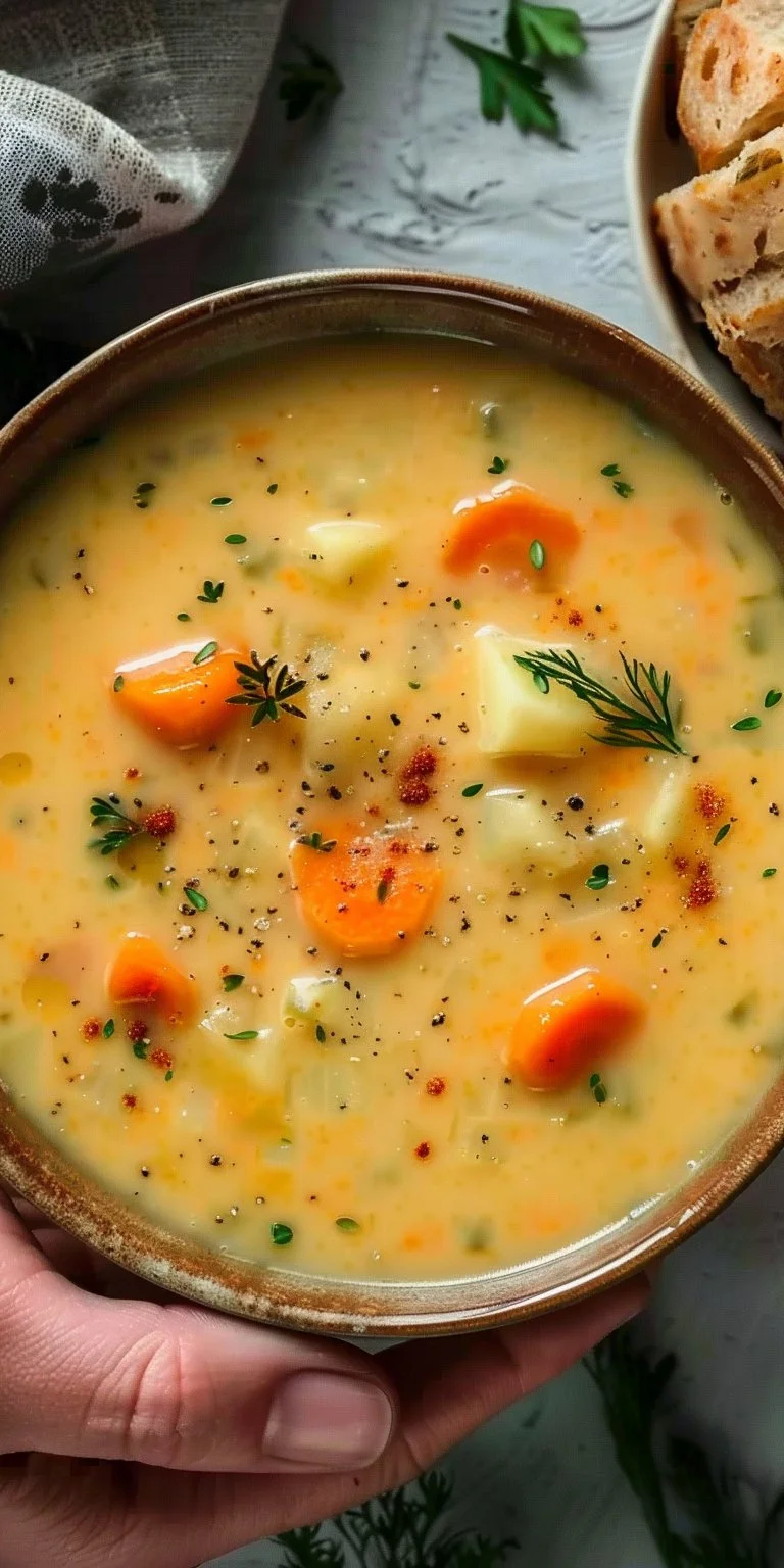 Bowl of creamy vegan carrot potato soup garnished with herbs