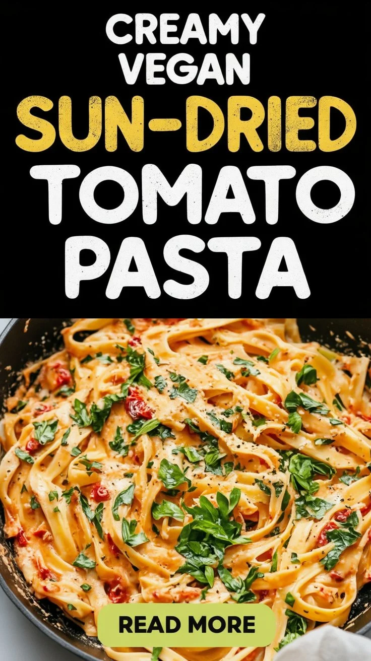 Creamy vegan sun-dried tomato pasta served in a bowl with herbs