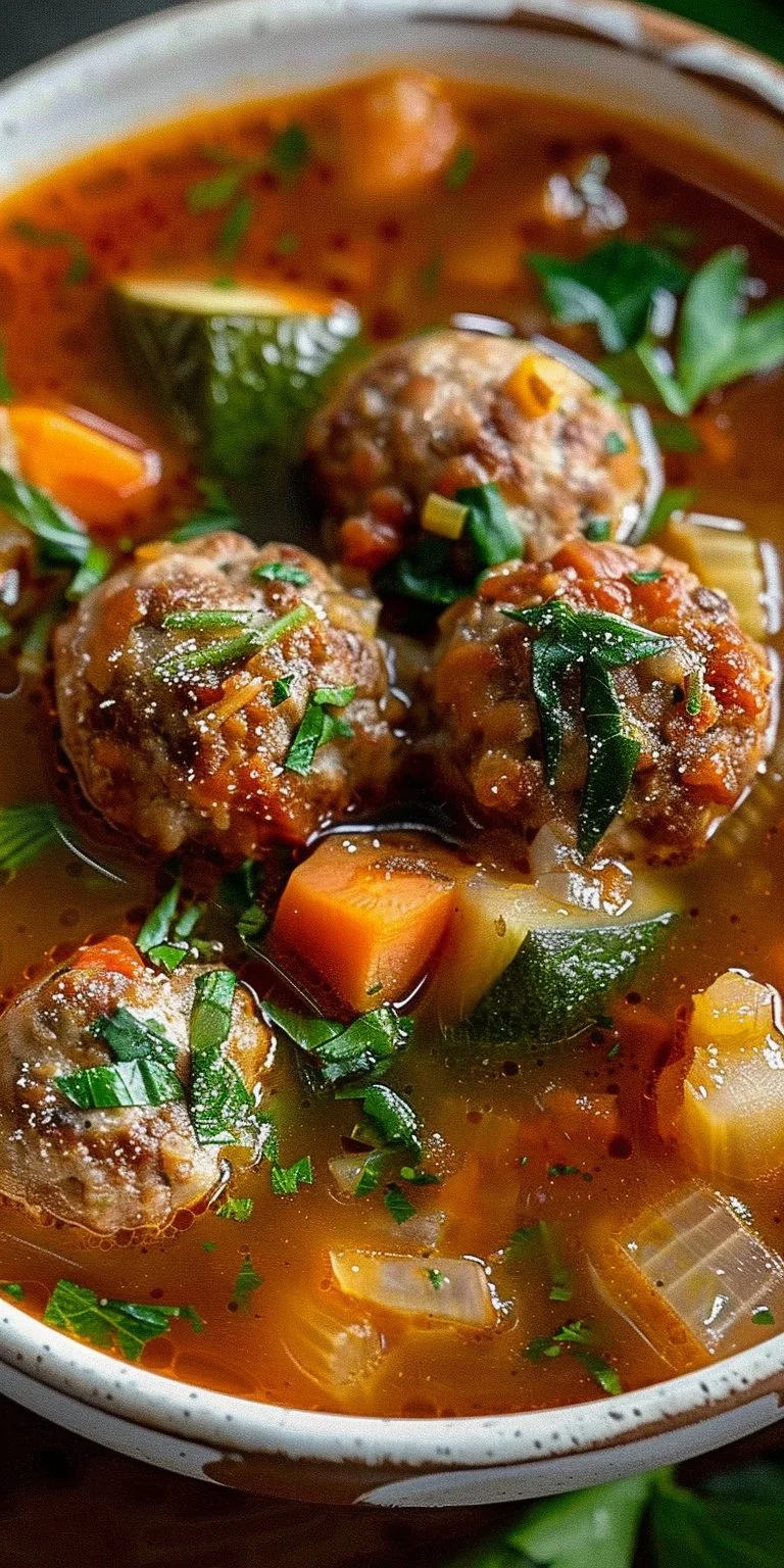 A steaming bowl of meatball soup garnished with fresh herbs and vegetables