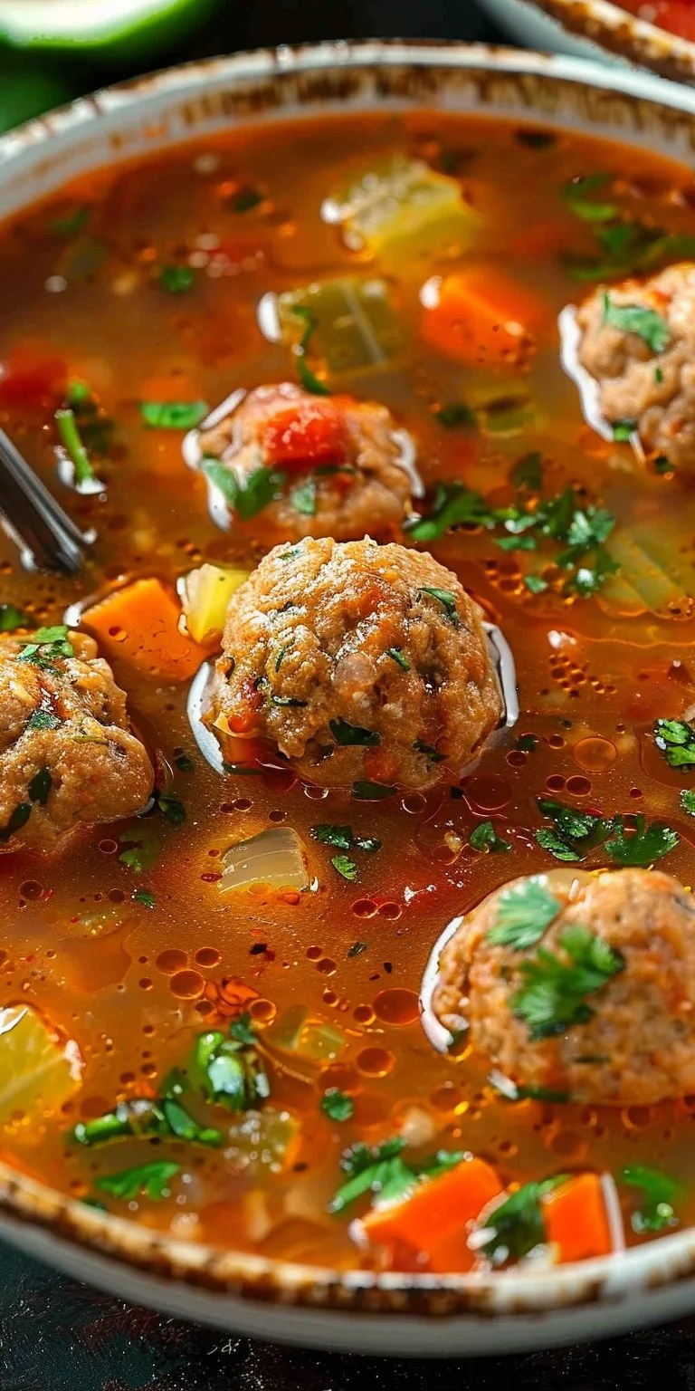 Bowl of delicious Mexican Meatball Soup garnished with fresh herbs and lime.