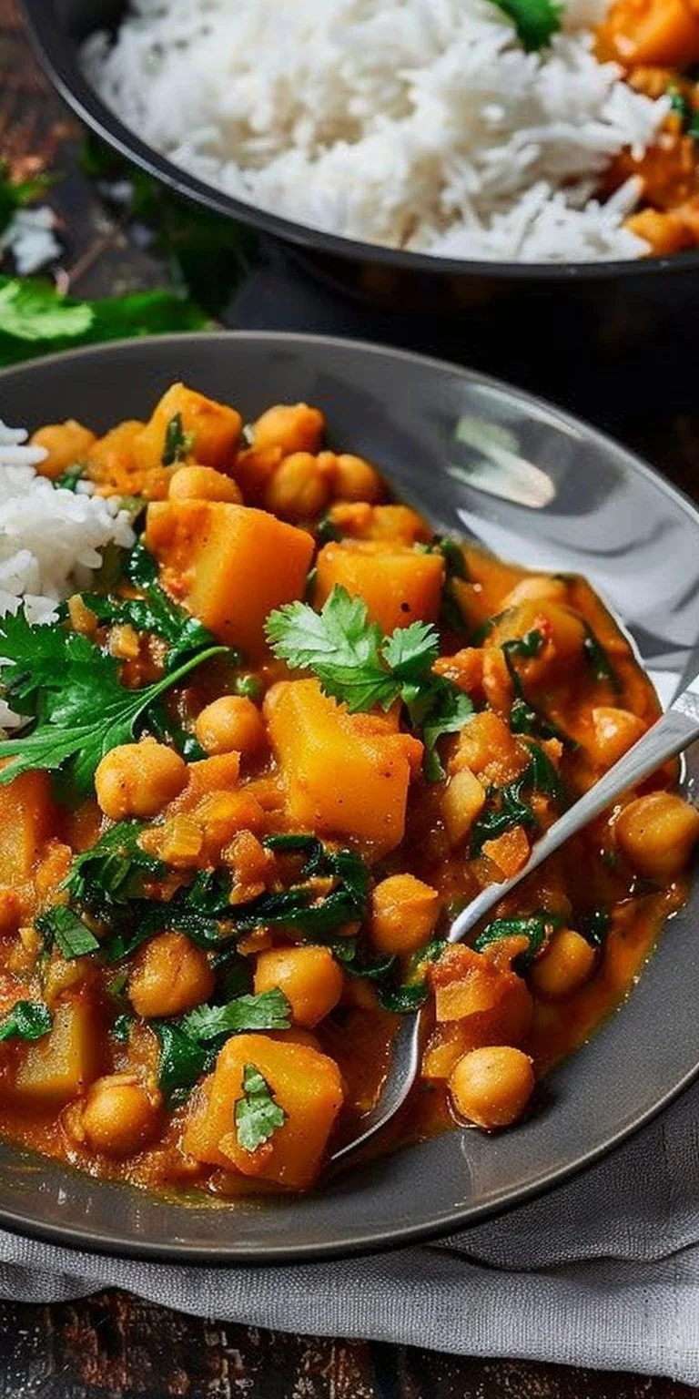Vegan chickpea and potato curry served in a bowl with fresh herbs