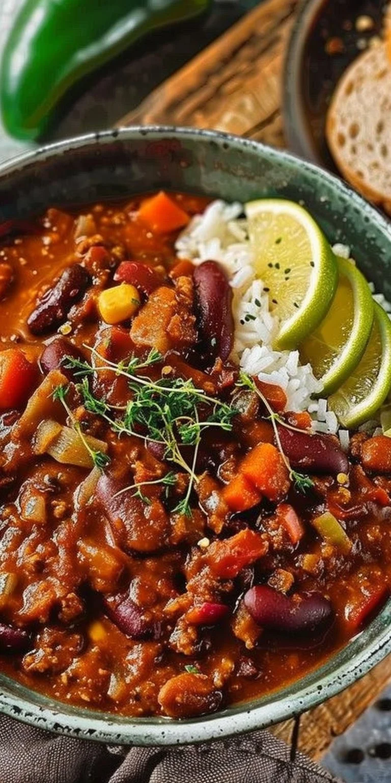 Bowl of hearty Vegan Chili topped with fresh herbs and avocado.