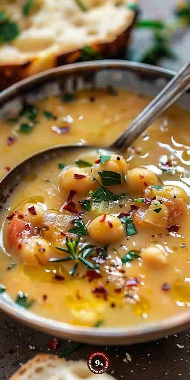Bowl of Vegan Garlic Chickpea Soup garnished with fresh herbs