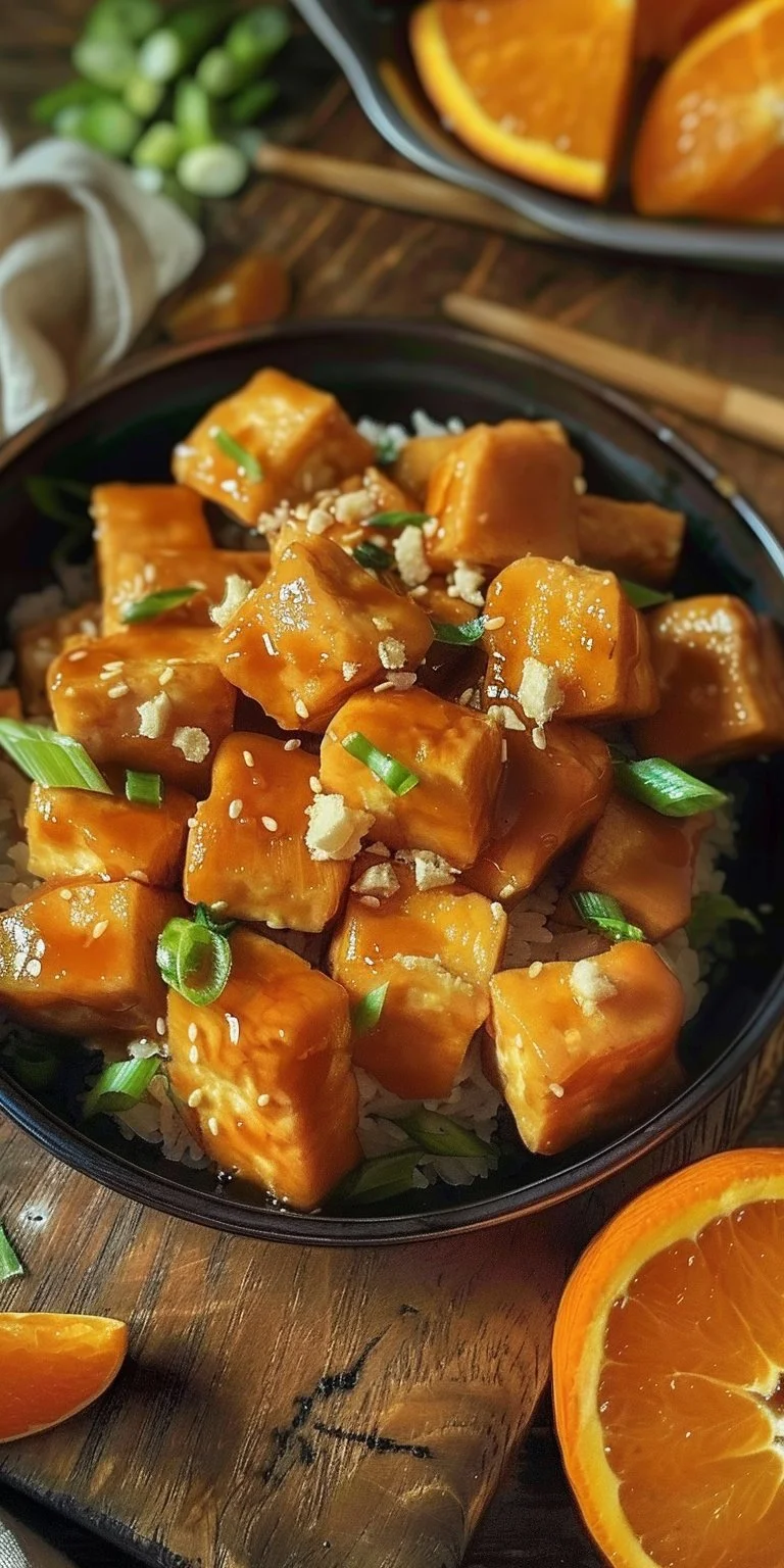 Delicious Vegan Orange Tofu dish with oranges and herbs