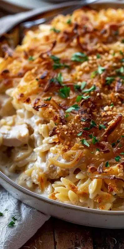 French Onion Chicken Orzo Casserole