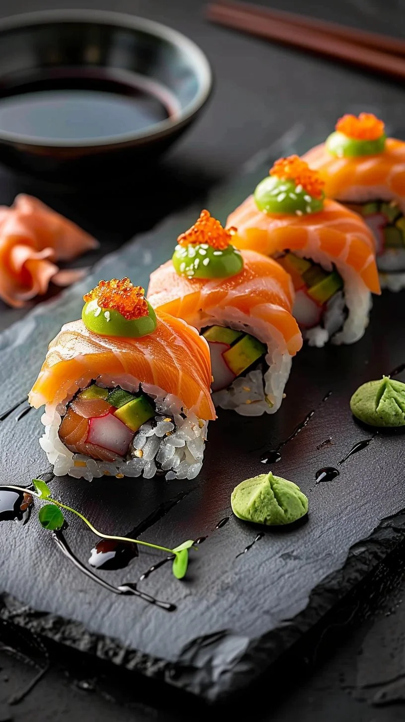 Delicious homemade Alaska Roll sushi with salmon and avocado