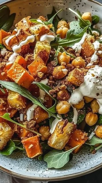 Anti-inflammatory glow bowl with tahini yogurt topped with fresh vegetables and seeds.