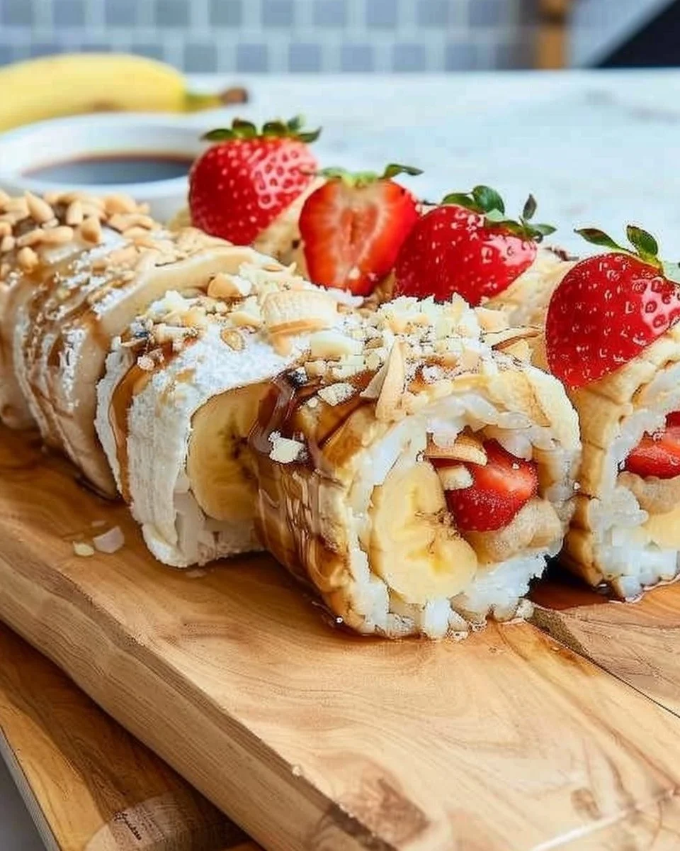 Delicious banana sushi rolls with chocolate and nuts on a plate