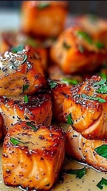 Bang Bang Salmon Bites served in a bowl with spicy sauce