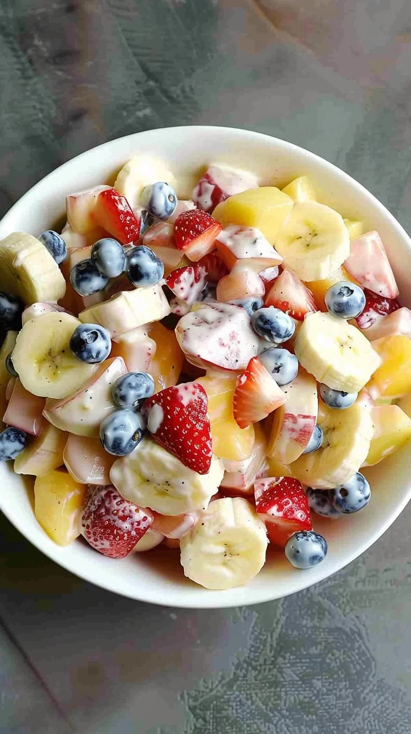 Delicious fresh fruit salad with creamy dressing in a bowl