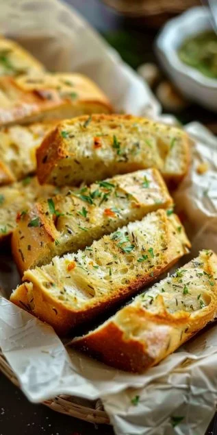 Deliciously toasted garlic bread with herbs and melted butter