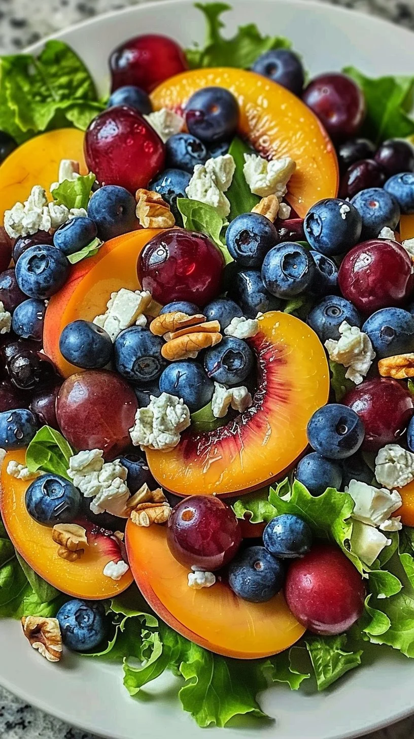 Delicious Blueberry Peach Feta Salad with fresh fruits and cheese