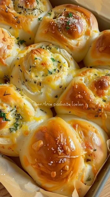 Buttery cheese garlic rolls fresh out of the oven, garnished with herbs.