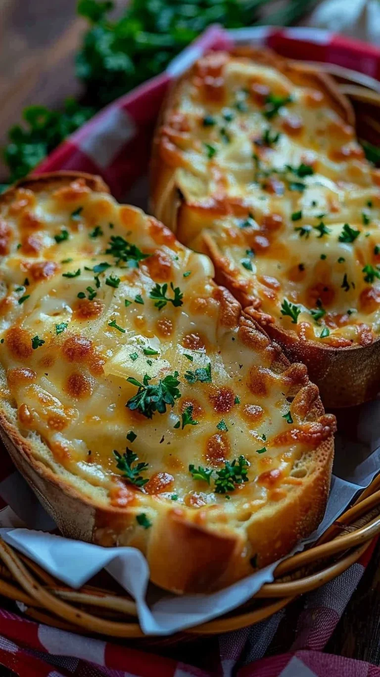 Freshly baked cheesy garlic bread topped with melted cheese and herbs