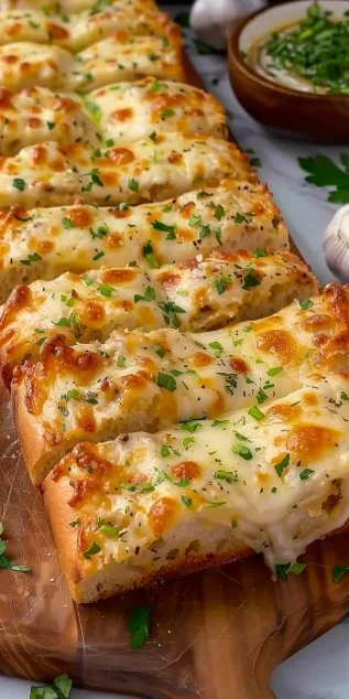 Delicious cheesy garlic bread baked to perfection with melted cheese