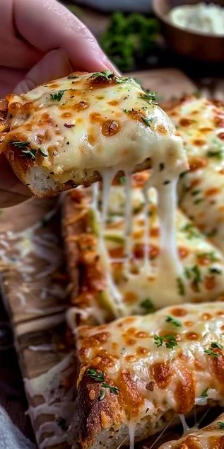 Freshly baked cheesy garlic bread with a golden crust and melted cheese
