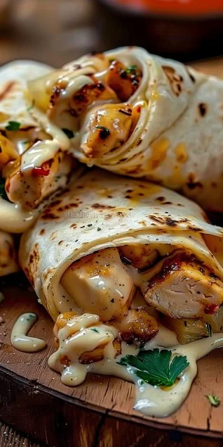 Cheesy Garlic Chicken Wraps served with fresh vegetables in a tortilla wrap.