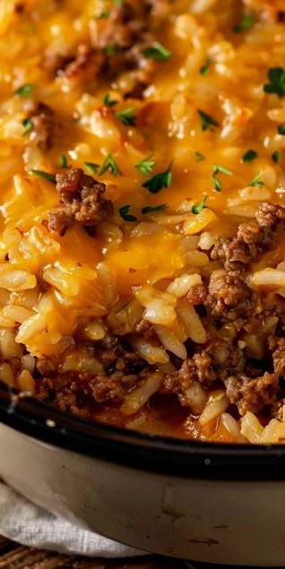 Cheesy ground beef and rice casserole served in a baking dish