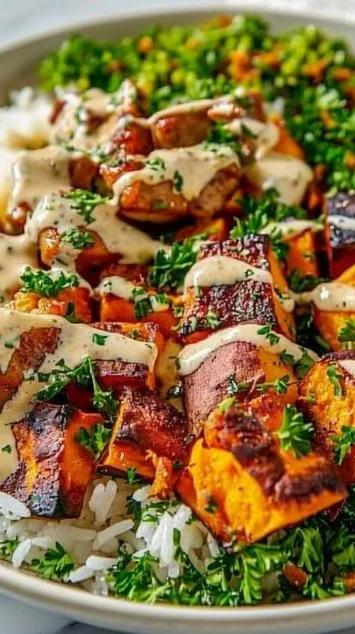 Chicken and sweet potato bowls with fresh ingredients and vibrant colors