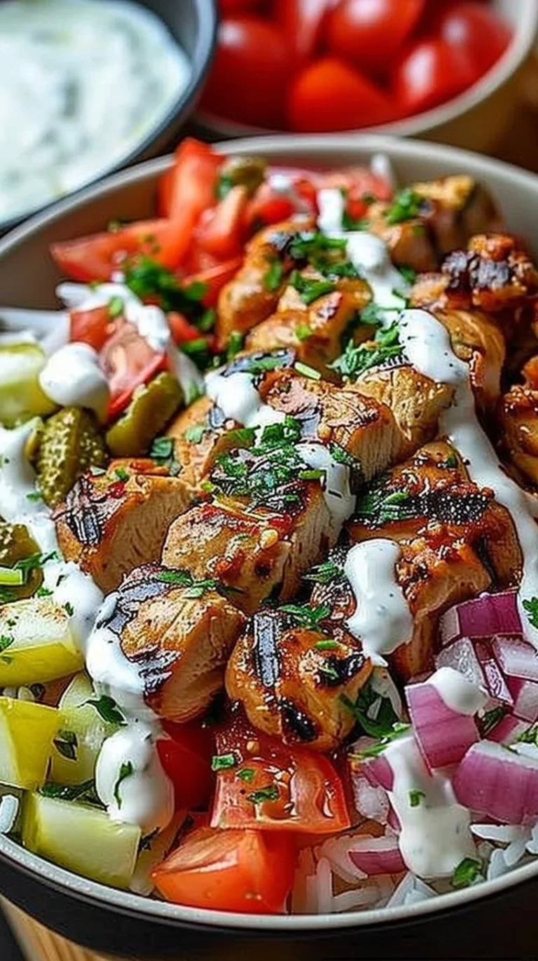 Delicious Chicken Gyro Bowl with tender chicken, fresh vegetables, and creamy sauce