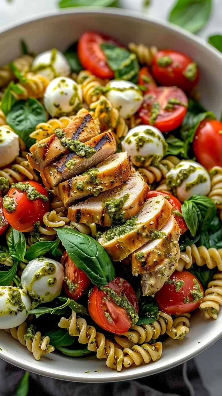 Bowl of Chicken Pesto Pasta Salad with cherry tomatoes and fresh basil