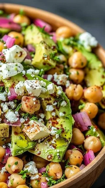 Chickpea Feta Avocado Salad with fresh ingredients in a bowl