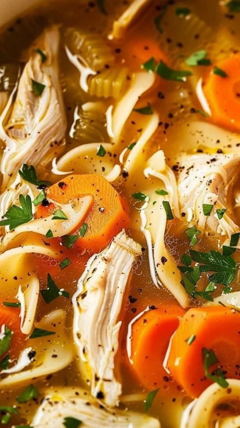 Bowl of classic chicken noodle soup with vegetables and herbs