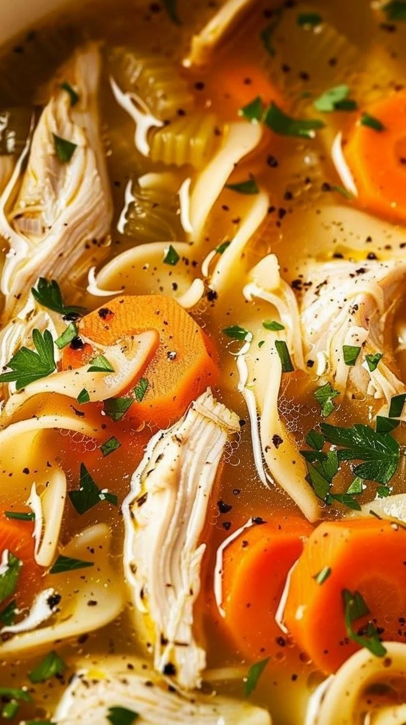 Bowl of classic chicken noodle soup with vegetables and herbs