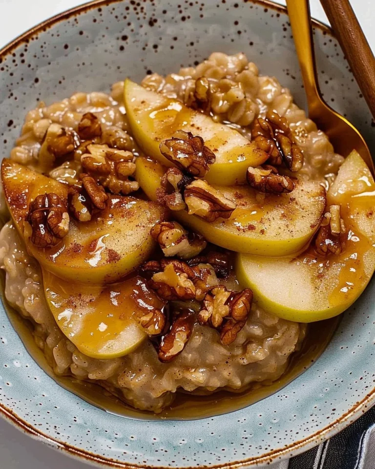 Bowl of cozy apple cinnamon oatmeal topped with fresh apples and cinnamon