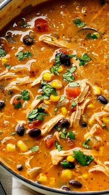 Bowl of creamy chicken tortilla soup topped with tortilla strips and cilantro