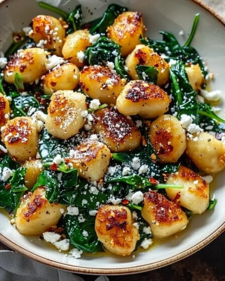 Creamy gnocchi dish with spinach and feta cheese garnished with herbs.