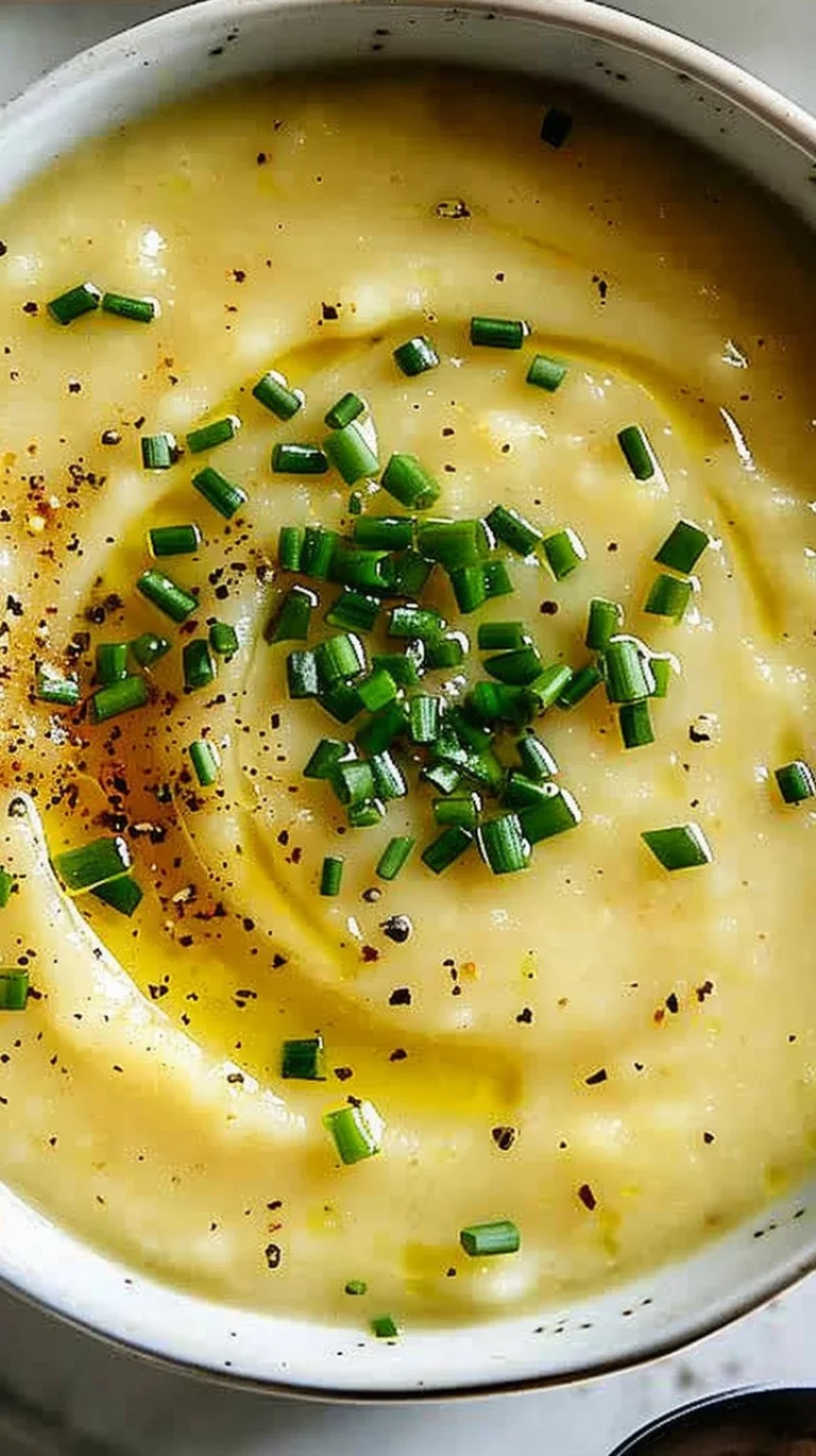 Bowl of creamy potato leek soup garnished with fresh herbs
