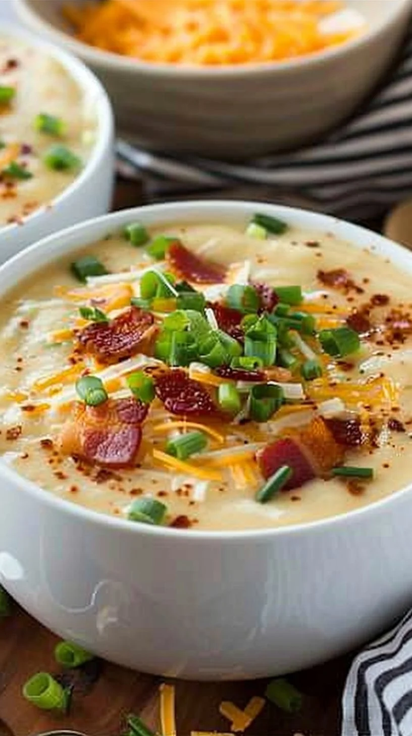 Delicious creamy potato soup in a bowl with fresh herbs on top