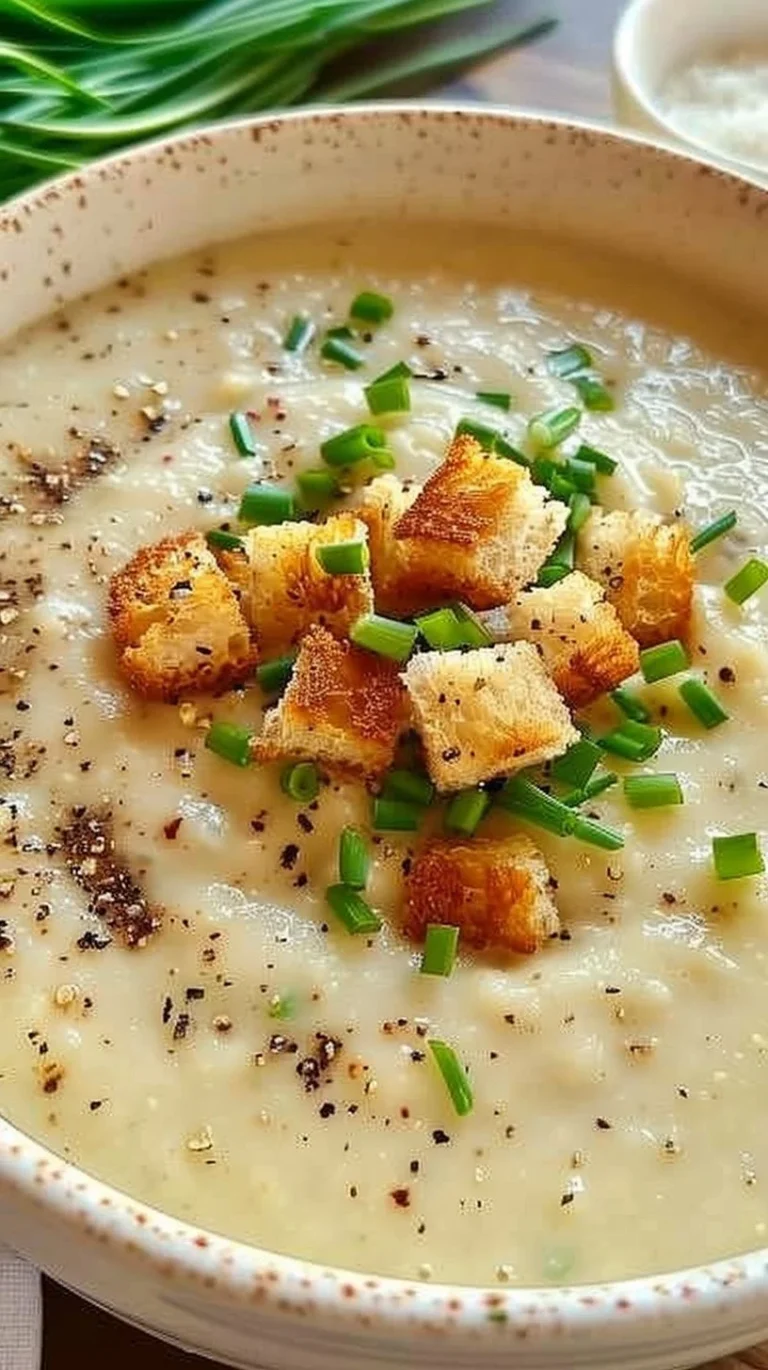 Delicious creamy roasted garlic soup in a bowl
