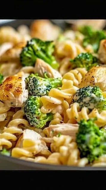 Creamy pasta with rotisserie chicken and broccoli served in a bowl