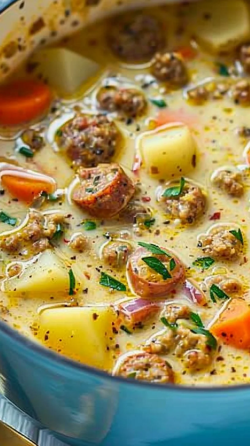 Creamy sausage potato soup in a bowl topped with herbs and spices.