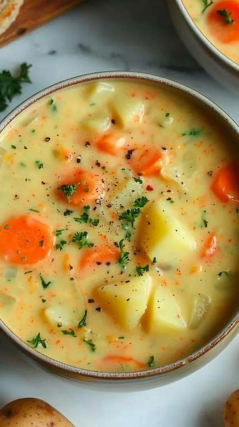 Bowl of creamy vegan carrot potato soup topped with fresh herbs