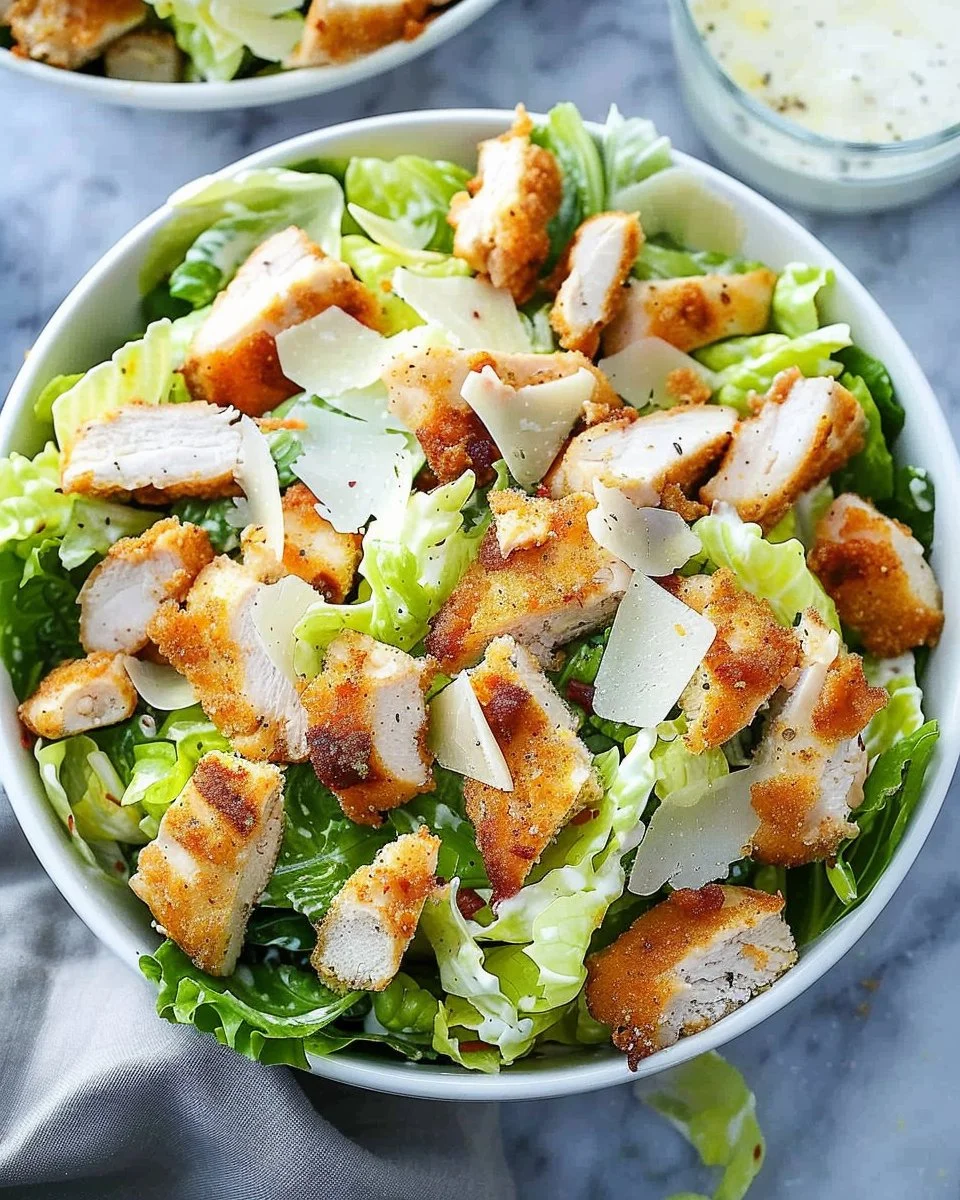 Delicious Crispy Chicken Caesar Salad with greens and dressing