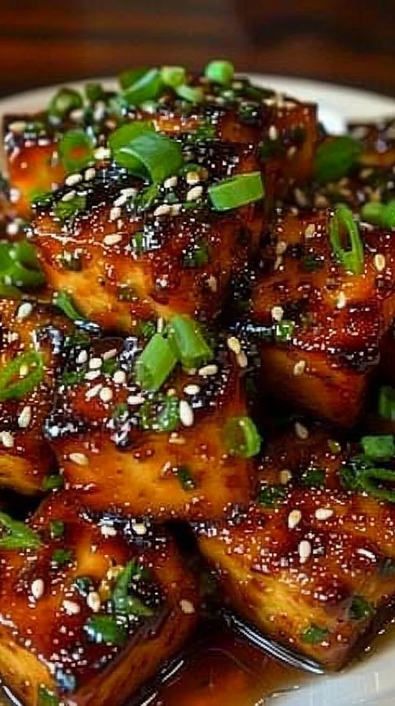 Crispy honey garlic tofu served with vegetables on a plate